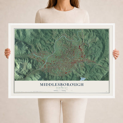 Map of Middlesborough, Kentucky, 24 x 36 inch print in a white wood frame