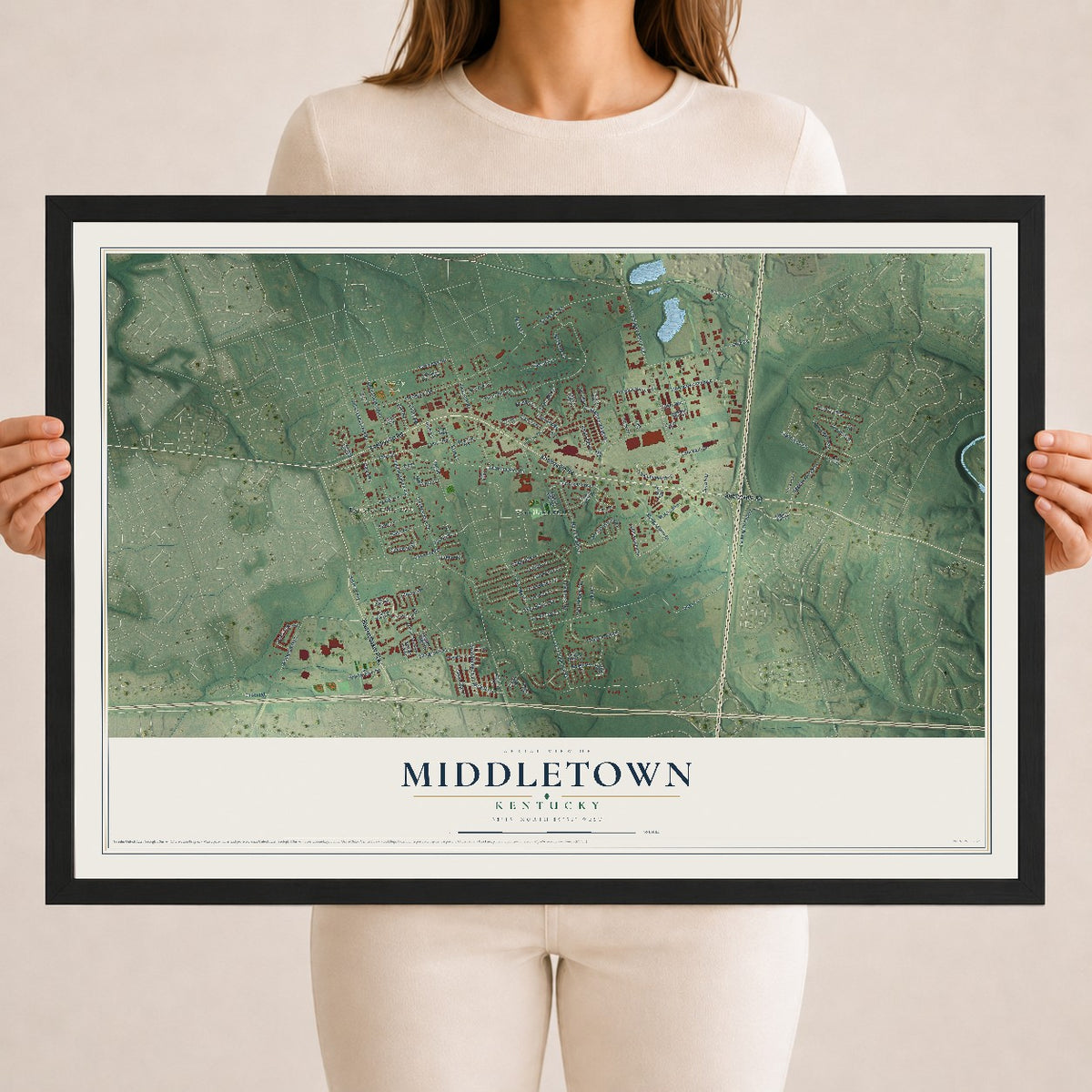 Map of Middletown, Kentucky, 18 x 24 inch print in a black wood frame
