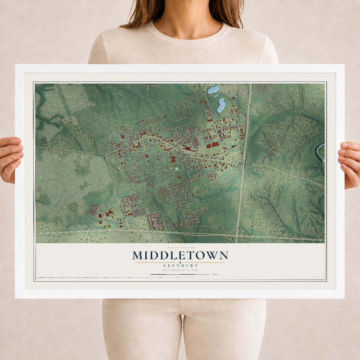 Map of Middletown, Kentucky, 18 x 24 inch print in a white wood frame