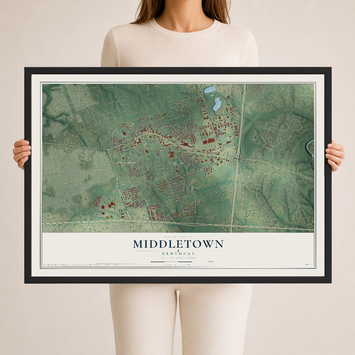 Map of Middletown, Kentucky, 24 x 36 inch print in a black wood frame