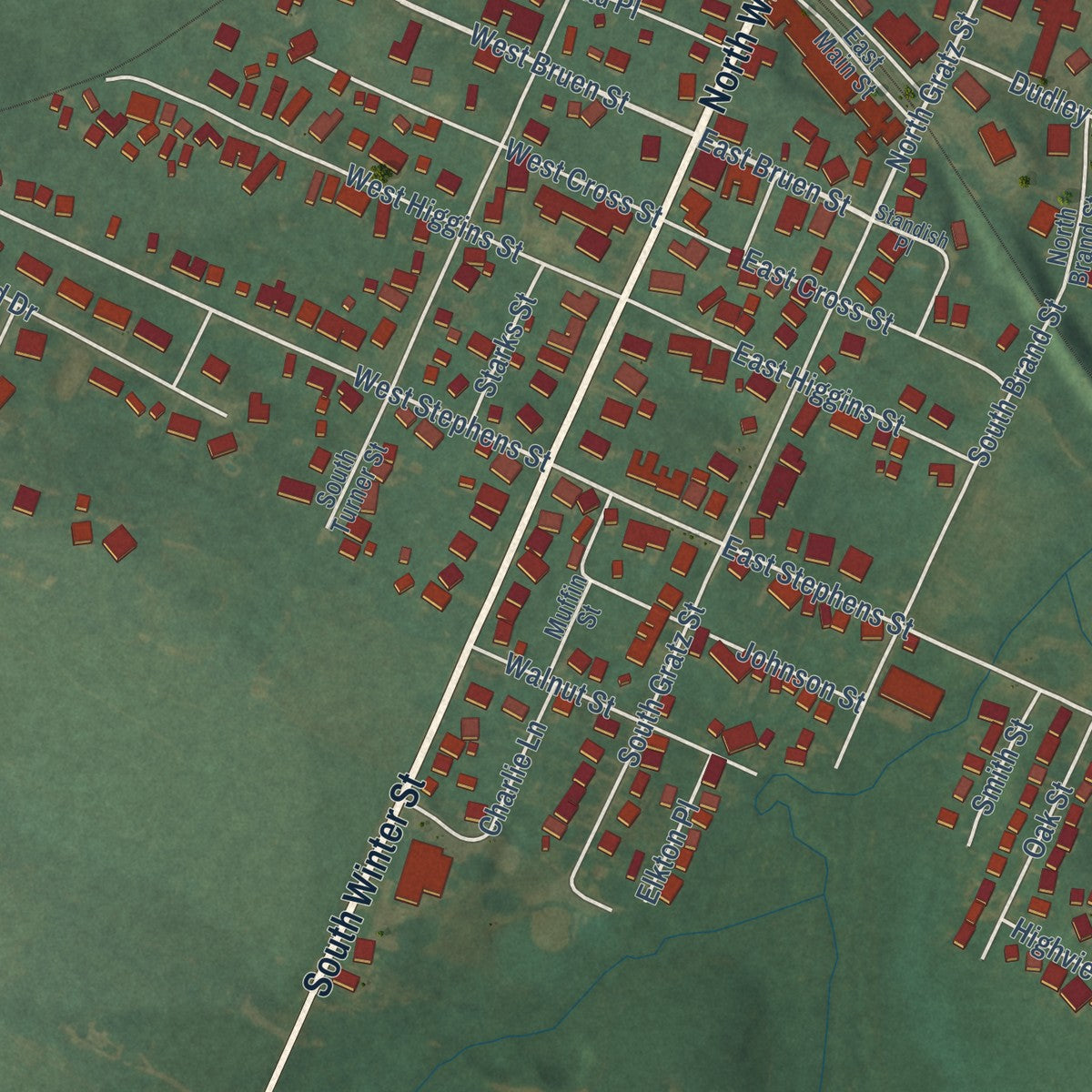 Close-up of the map of Midway, Kentucky print showing street and building detail