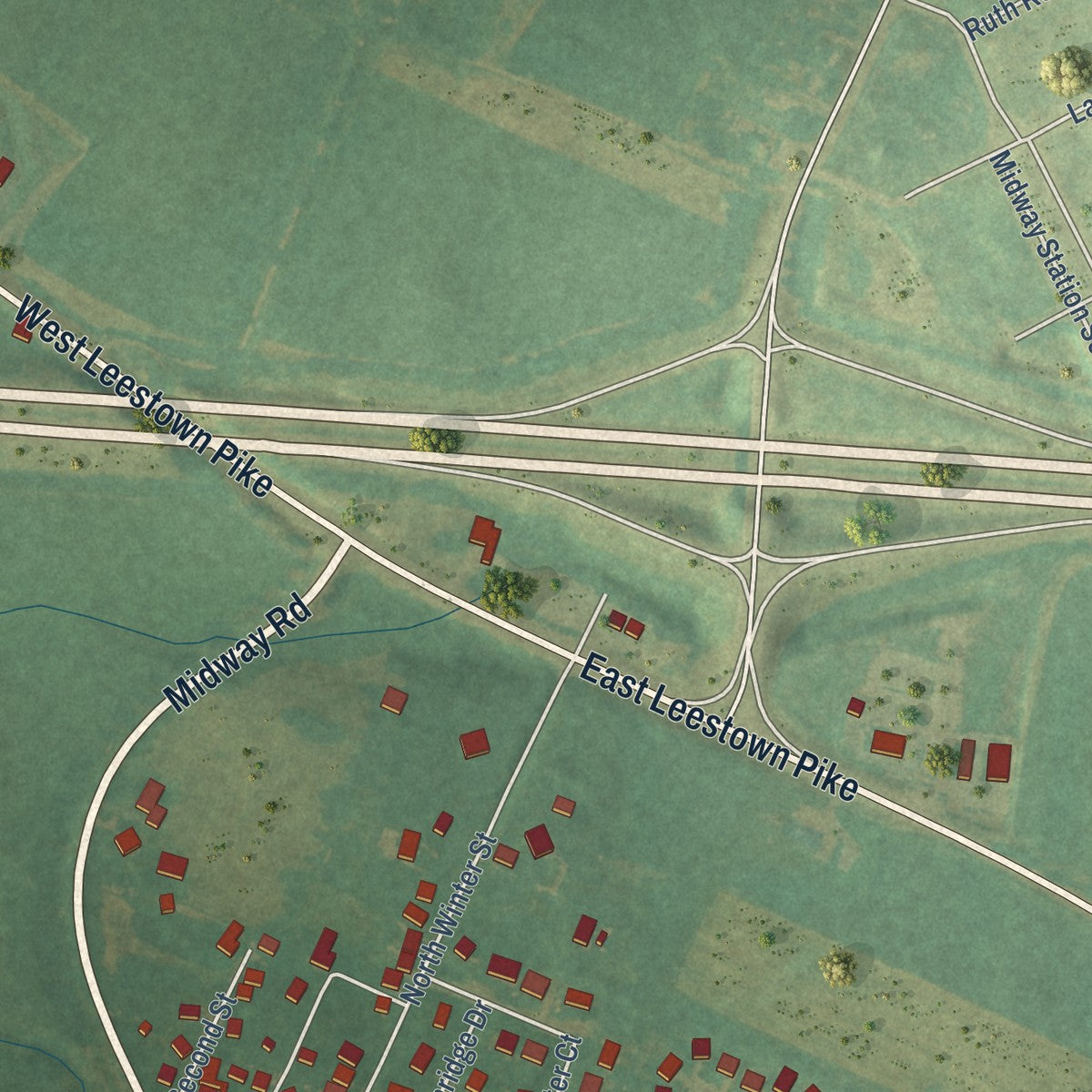 Second close-up of the map of Midway, Kentucky print showing more streets and buildings