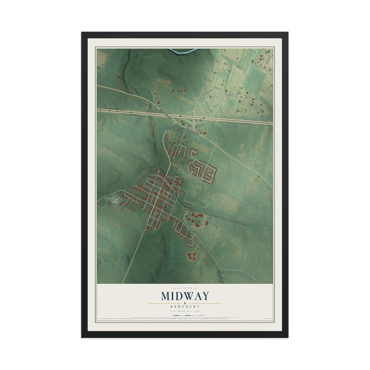 Map of Midway, Kentucky, 12 x 18 inch print in a black wood frame