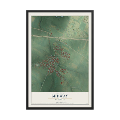 Map of Midway, Kentucky, 12 x 18 inch print in a black wood frame