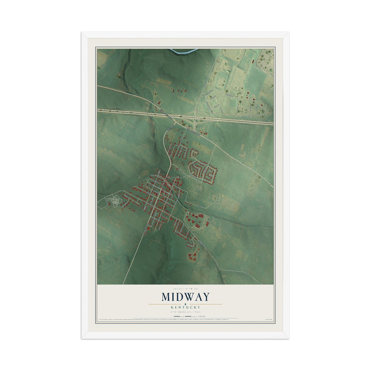 Map of Midway, Kentucky, 12 x 18 inch print in a white wood frame