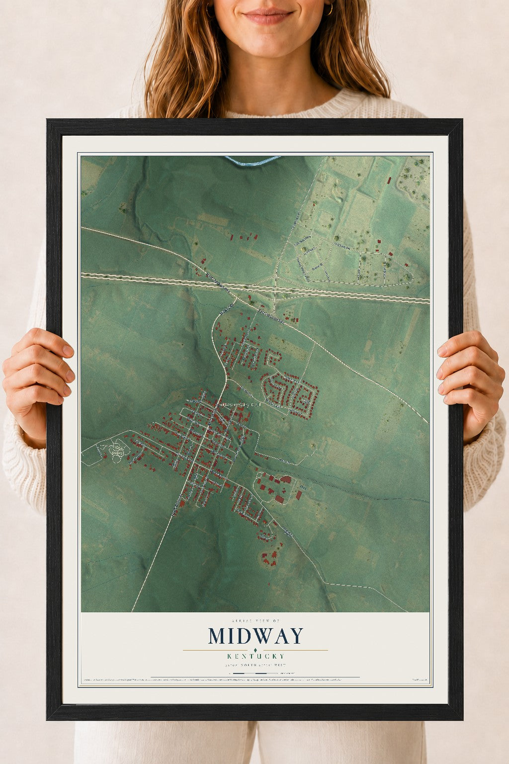 Map of Midway, Kentucky, 18 x 24 inch print in a black wood frame