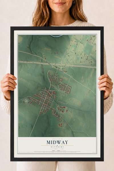 Map of Midway, Kentucky, 18 x 24 inch print in a black wood frame