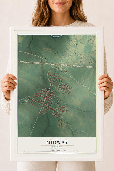 Map of Midway, Kentucky, 18 x 24 inch print in a white wood frame