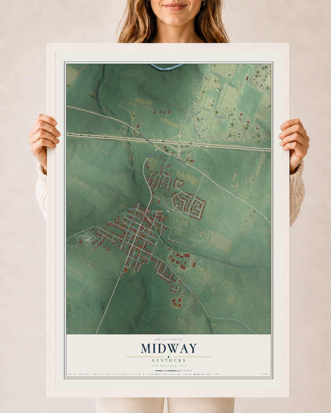Map of Midway, Kentucky, 24 x 36 inch print in a white wood frame