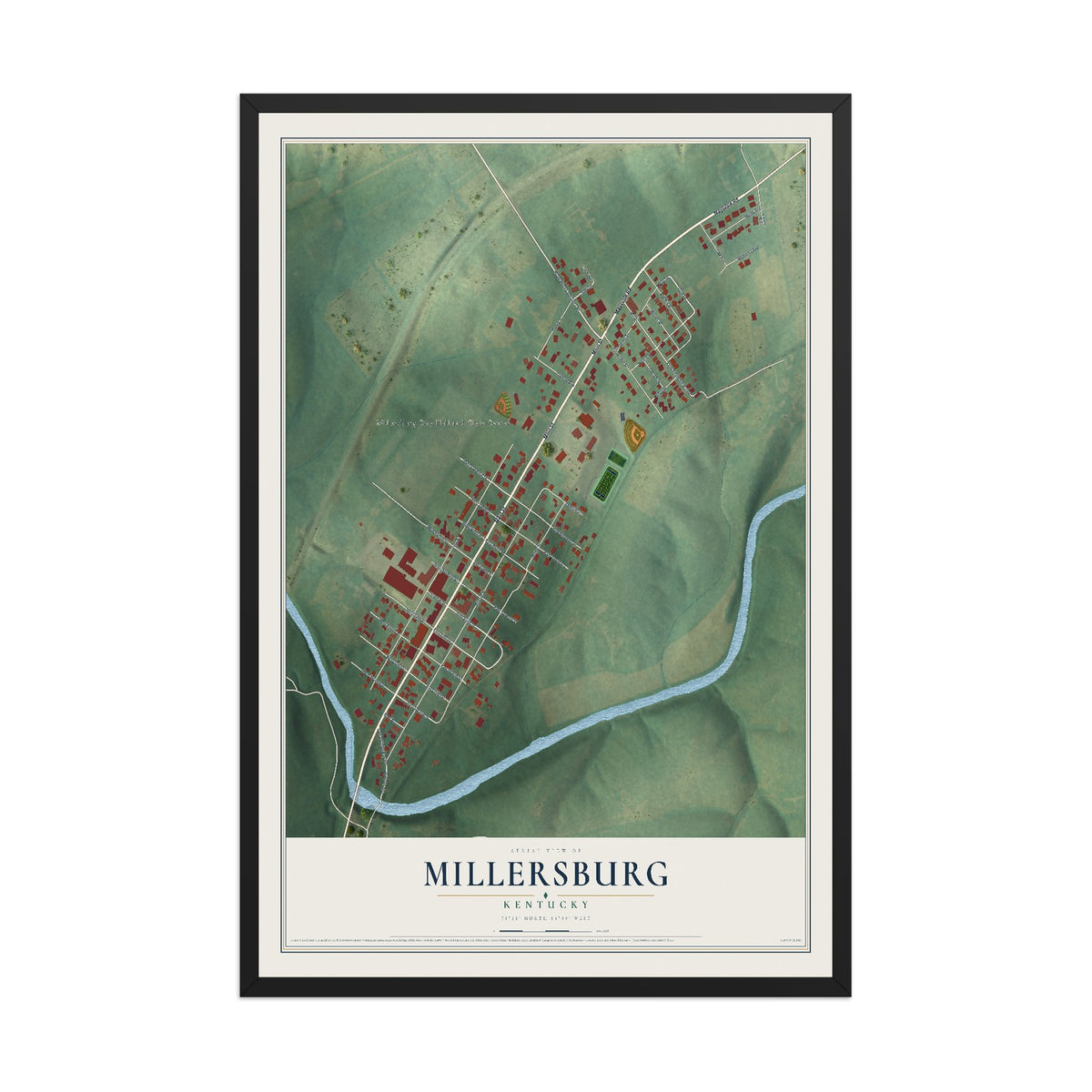 Map of Millersburg, Kentucky, 12 x 18 inch print in a black wood frame