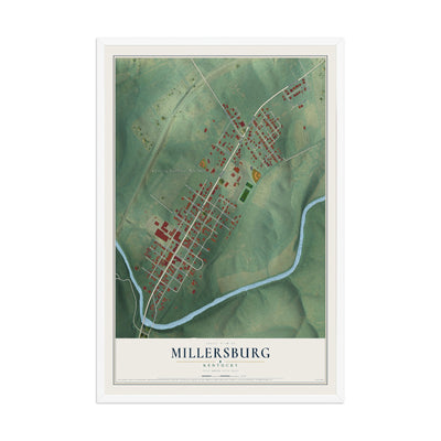 Map of Millersburg, Kentucky, 12 x 18 inch print in a white wood frame