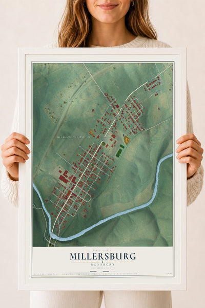 Map of Millersburg, Kentucky, 18 x 24 inch print in a white wood frame