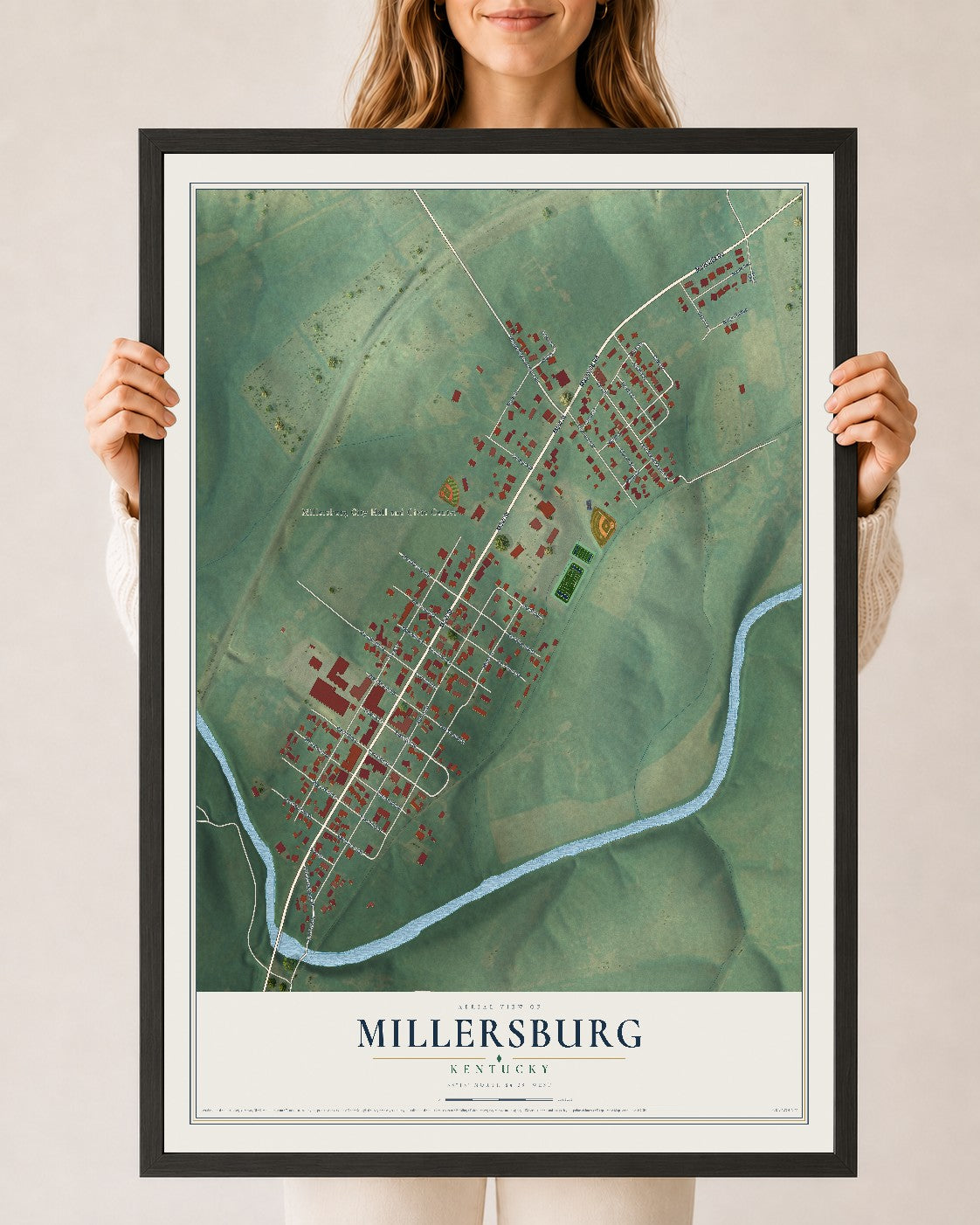 Map of Millersburg, Kentucky, 24 x 36 inch print in a black wood frame