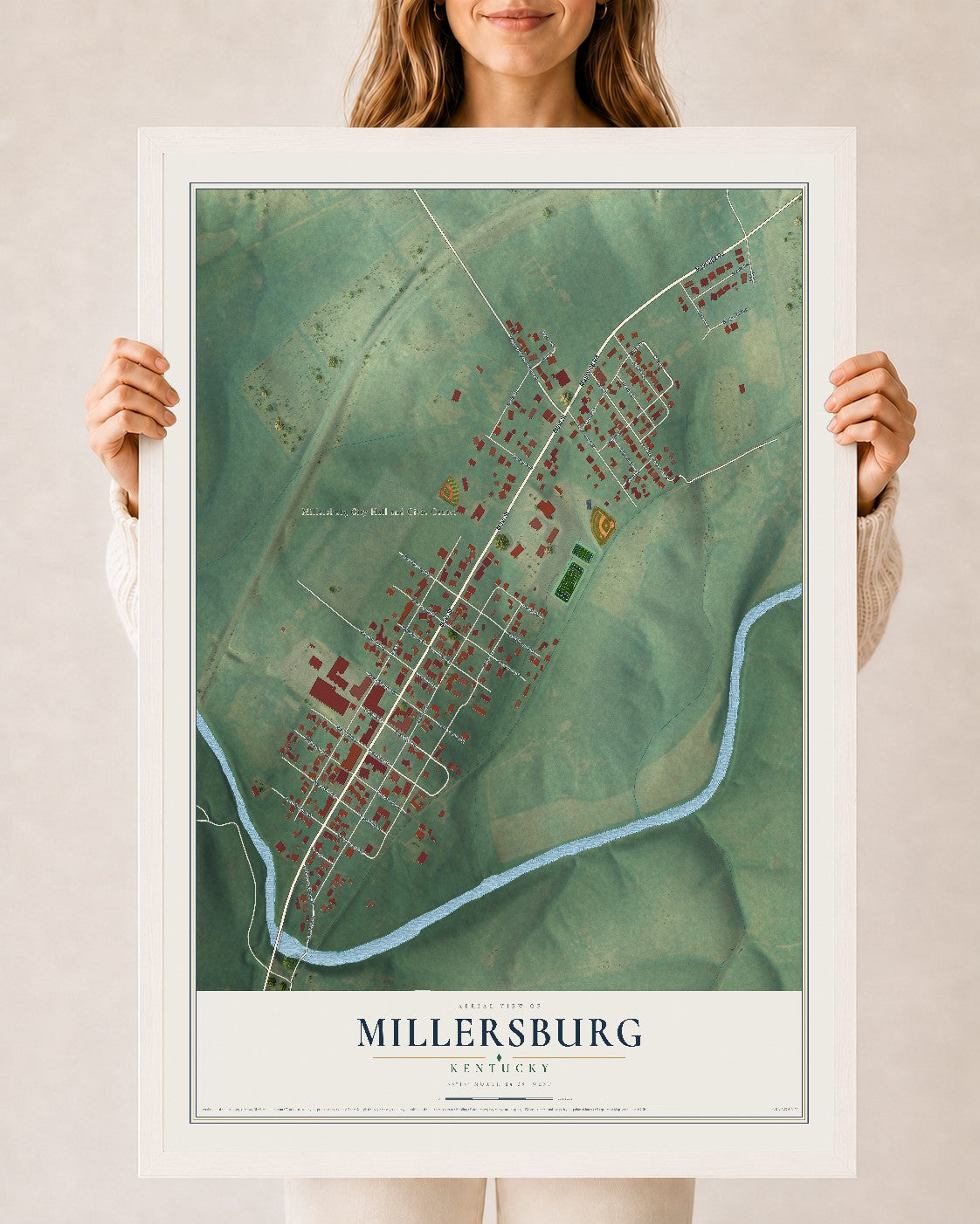 Map of Millersburg, Kentucky, 24 x 36 inch print in a white wood frame