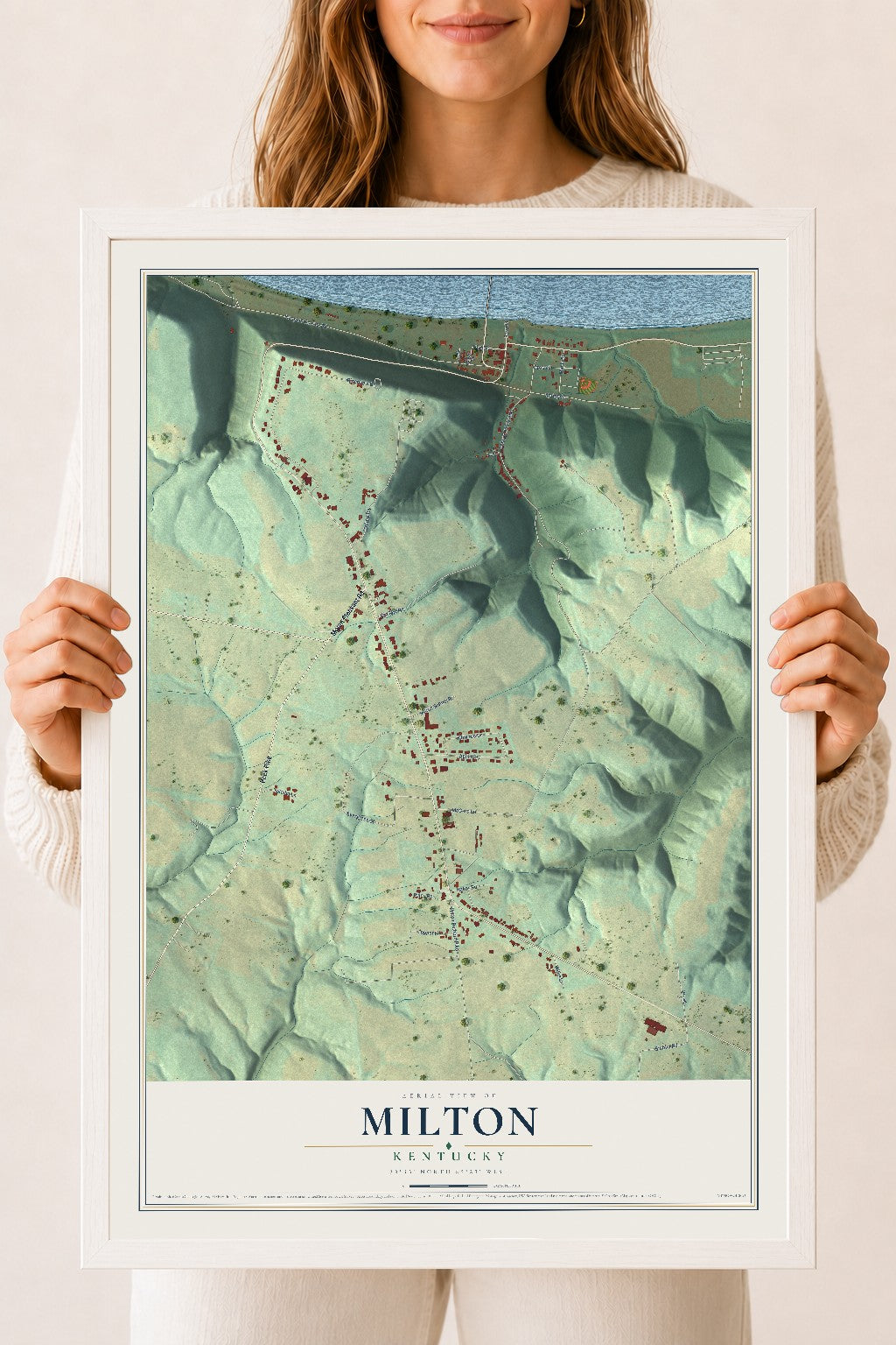 Map of Milton, Kentucky, 18 x 24 inch print in a white wood frame