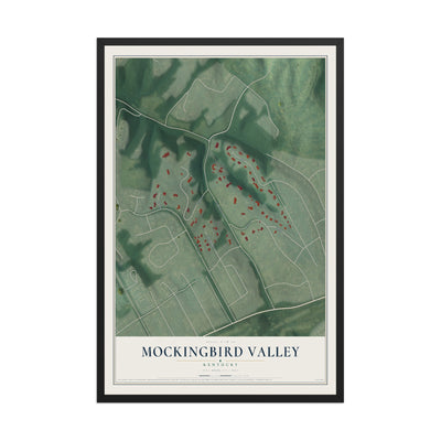 Map of Mockingbird Valley, Kentucky, 12 x 18 inch print in a black wood frame