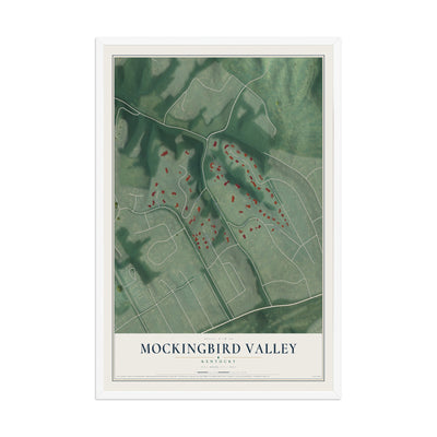 Map of Mockingbird Valley, Kentucky, 12 x 18 inch print in a white wood frame