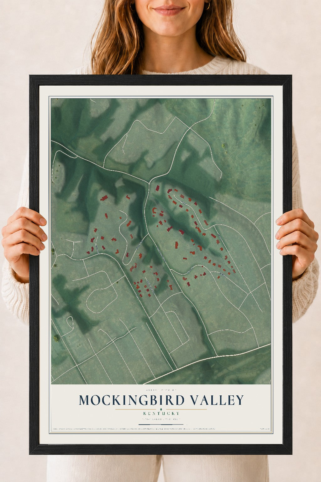 Map of Mockingbird Valley, Kentucky, 18 x 24 inch print in a black wood frame