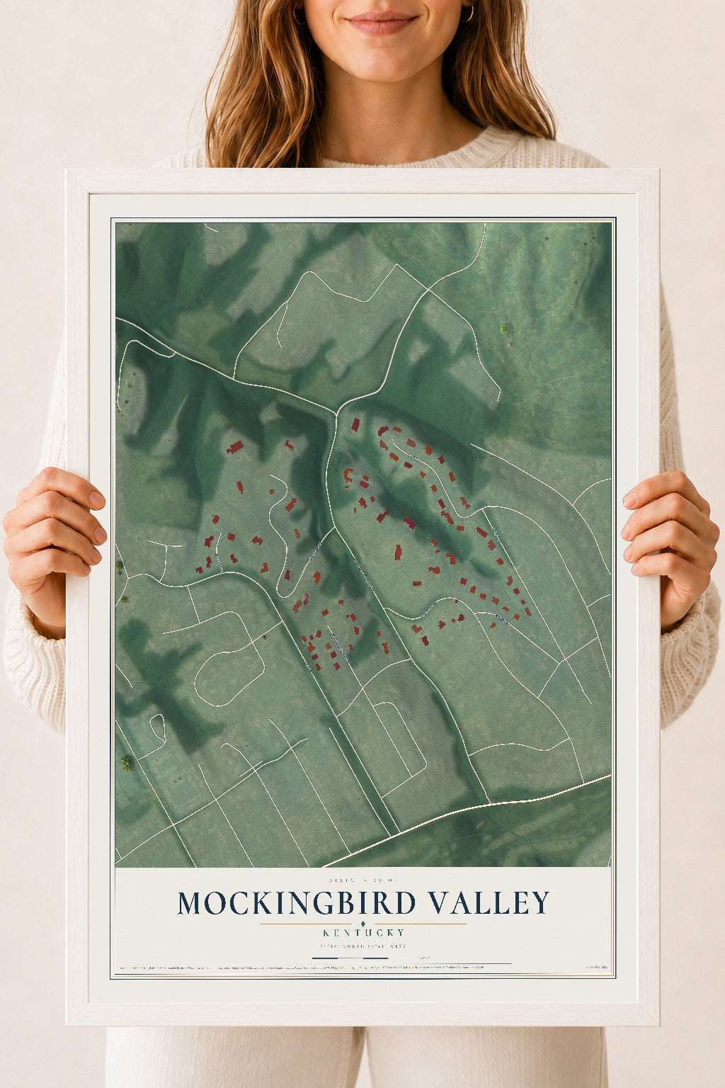 Map of Mockingbird Valley, Kentucky, 18 x 24 inch print in a white wood frame