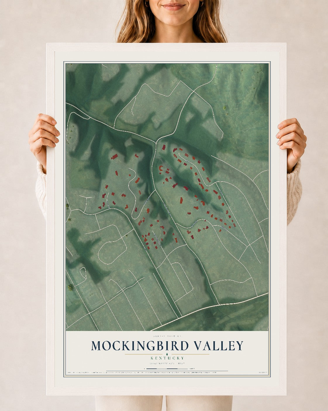 Map of Mockingbird Valley, Kentucky, 24 x 36 inch print in a white wood frame