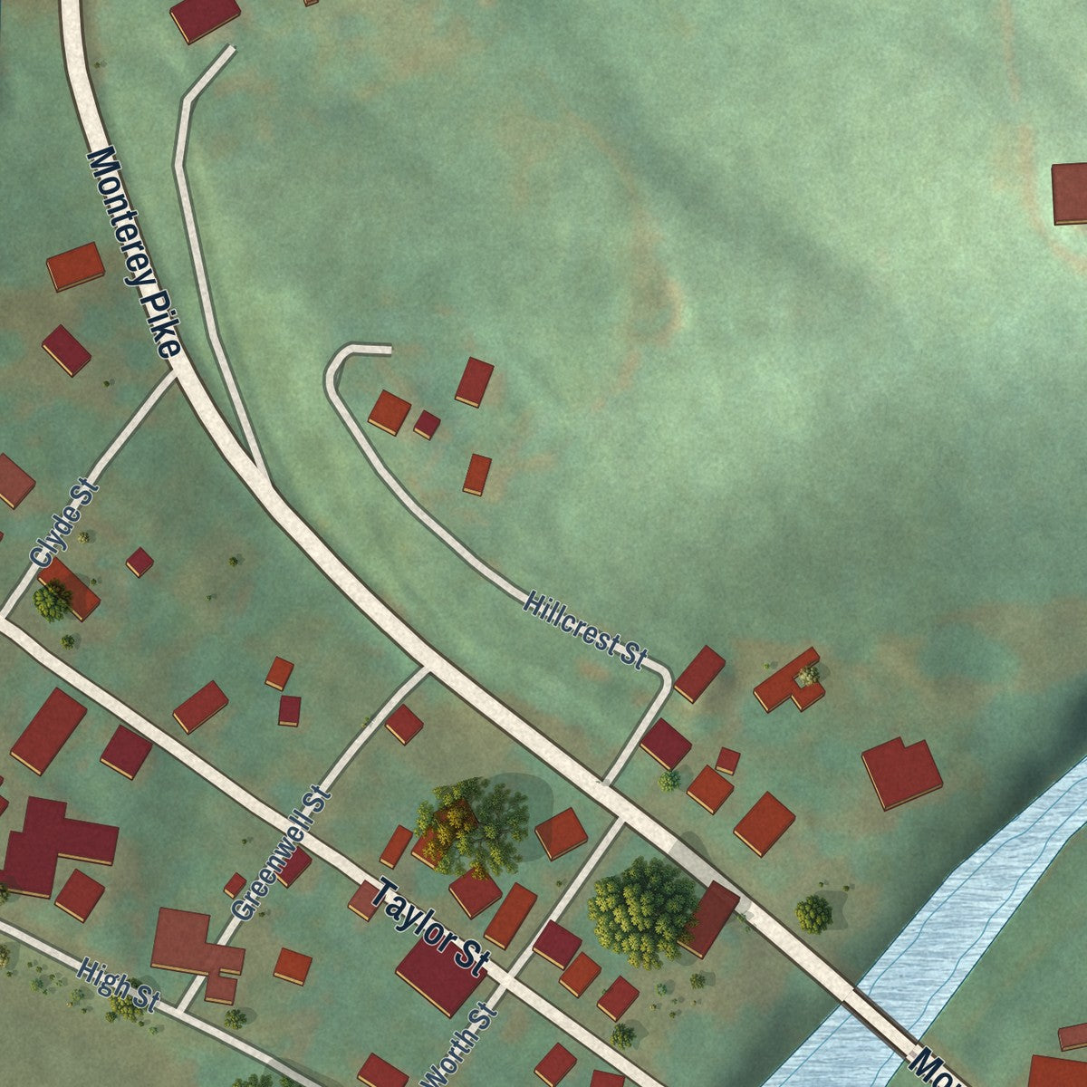 Close-up of the map of Monterey, Kentucky print showing street and building detail