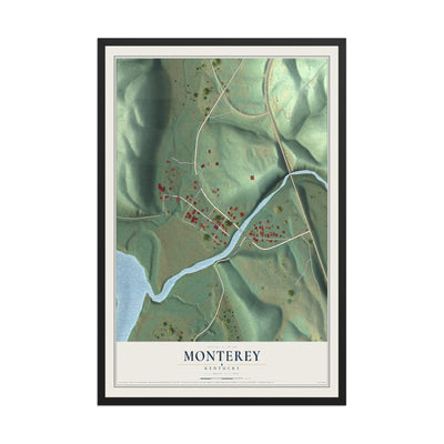 Map of Monterey, Kentucky, 12 x 18 inch print in a black wood frame