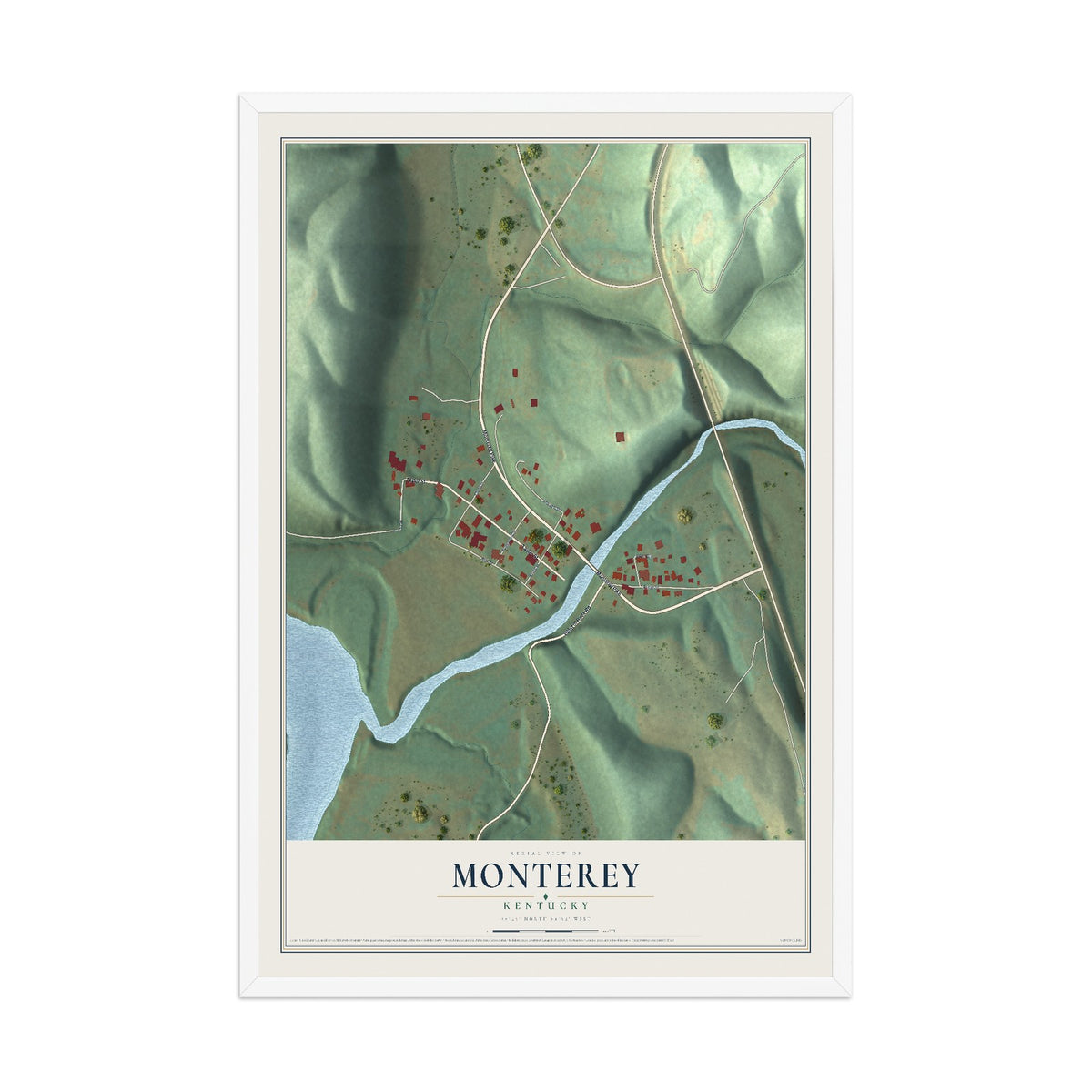 Map of Monterey, Kentucky, 12 x 18 inch print in a white wood frame