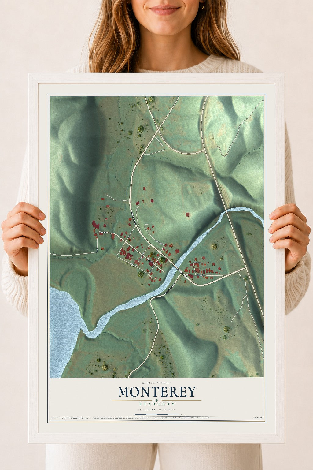 Map of Monterey, Kentucky, 18 x 24 inch print in a white wood frame