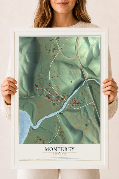 Map of Monterey, Kentucky, 18 x 24 inch print in a white wood frame