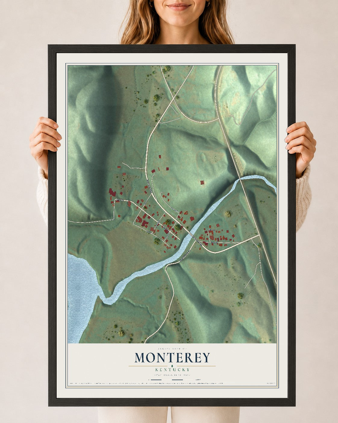 Map of Monterey, Kentucky, 24 x 36 inch print in a black wood frame