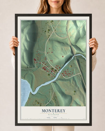 Map of Monterey, Kentucky, 24 x 36 inch print in a black wood frame