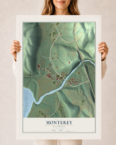 Map of Monterey, Kentucky, 24 x 36 inch print in a white wood frame