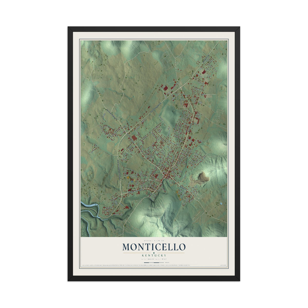 Map of Monticello, Kentucky, 12 x 18 inch print in a black wood frame