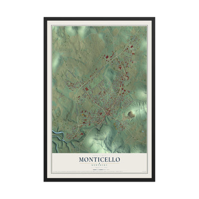 Map of Monticello, Kentucky, 12 x 18 inch print in a black wood frame