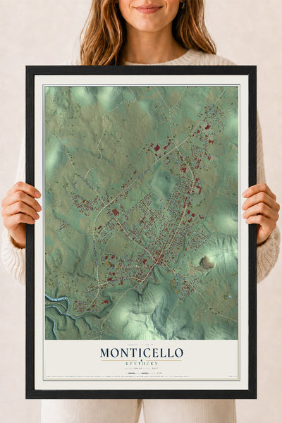Map of Monticello, Kentucky, 18 x 24 inch print in a black wood frame