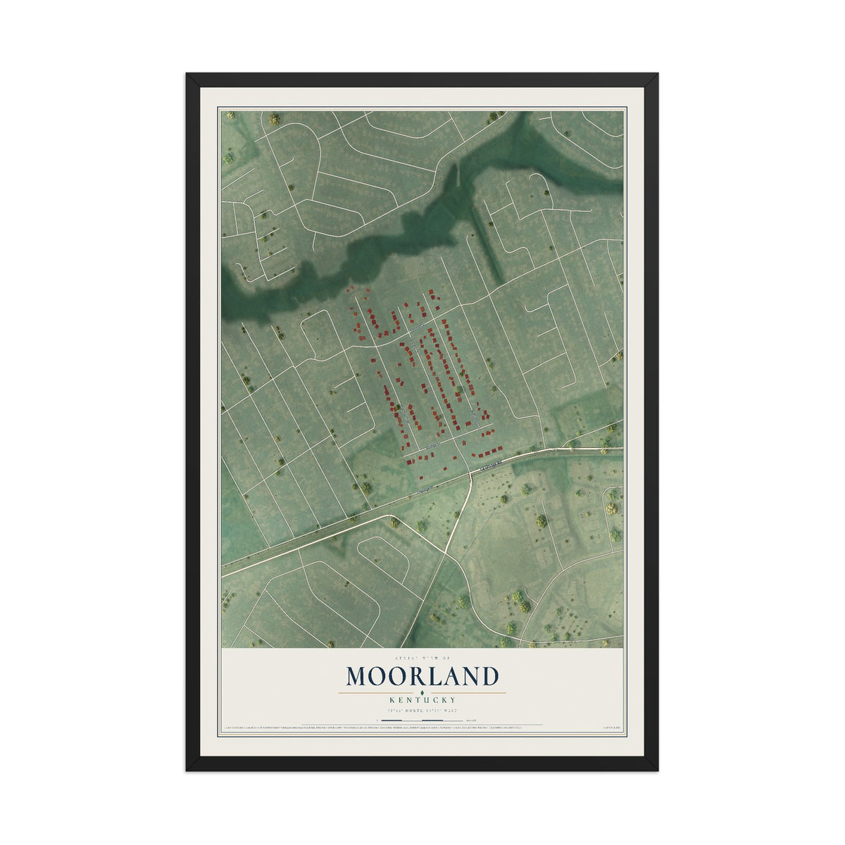 Map of Moorland, Kentucky, 12 x 18 inch print in a black wood frame