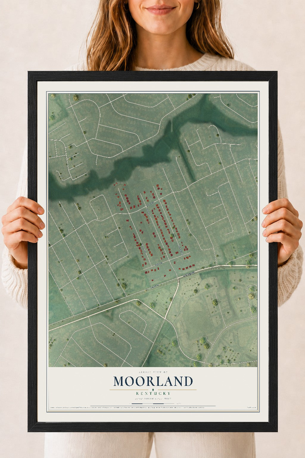 Map of Moorland, Kentucky, 18 x 24 inch print in a black wood frame