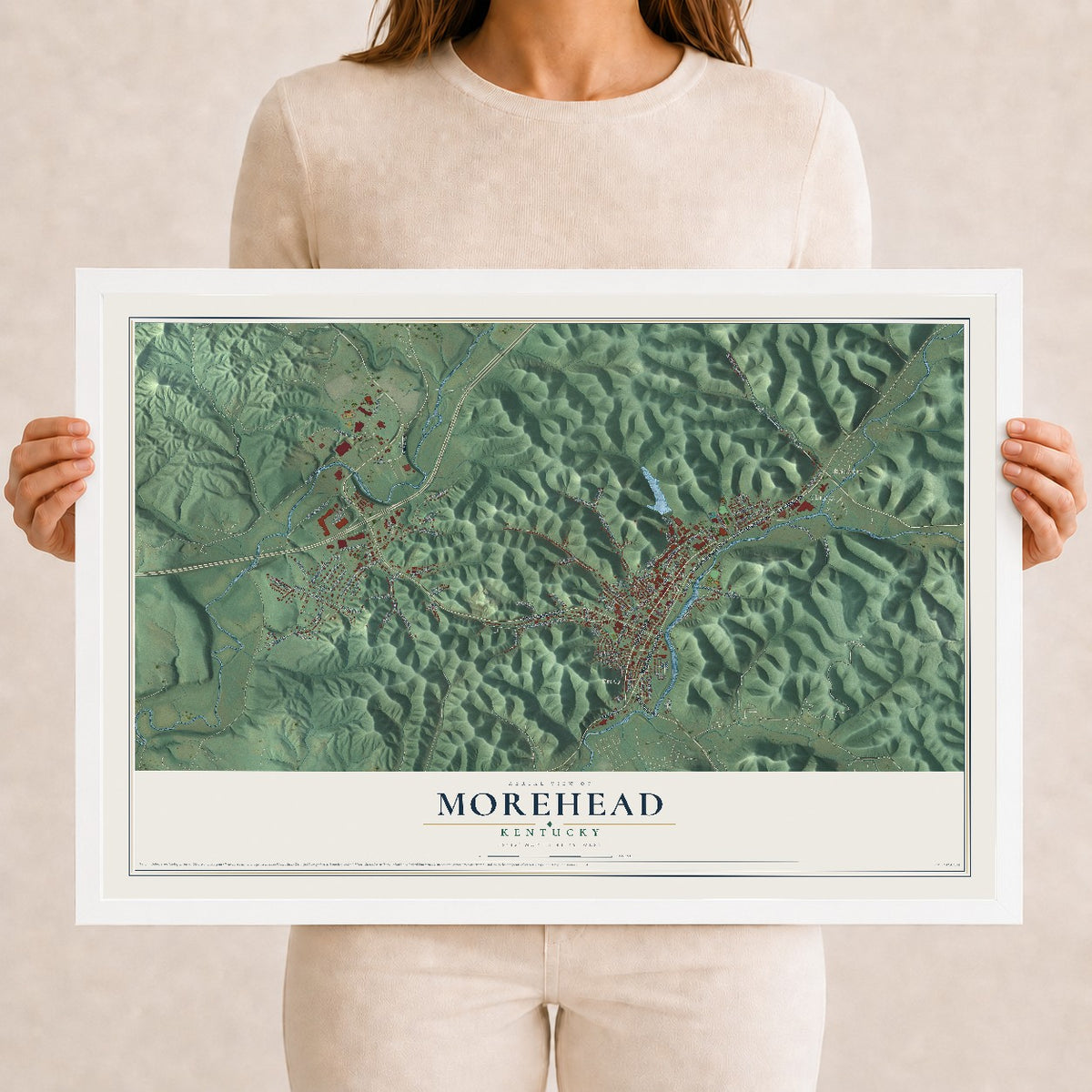Map of Morehead, Kentucky, 12 x 18 inch print in a white wood frame