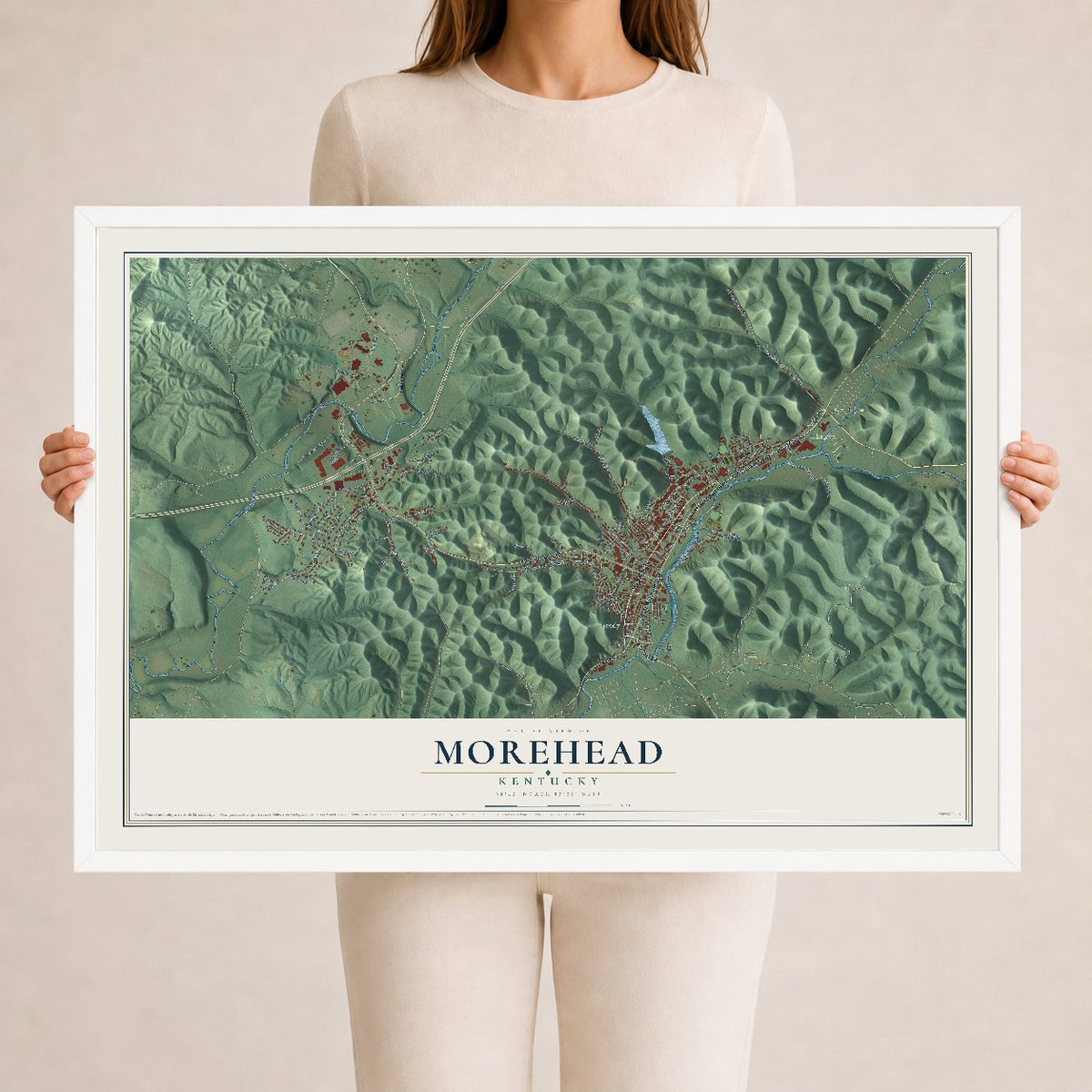 Map of Morehead, Kentucky, 24 x 36 inch print in a white wood frame