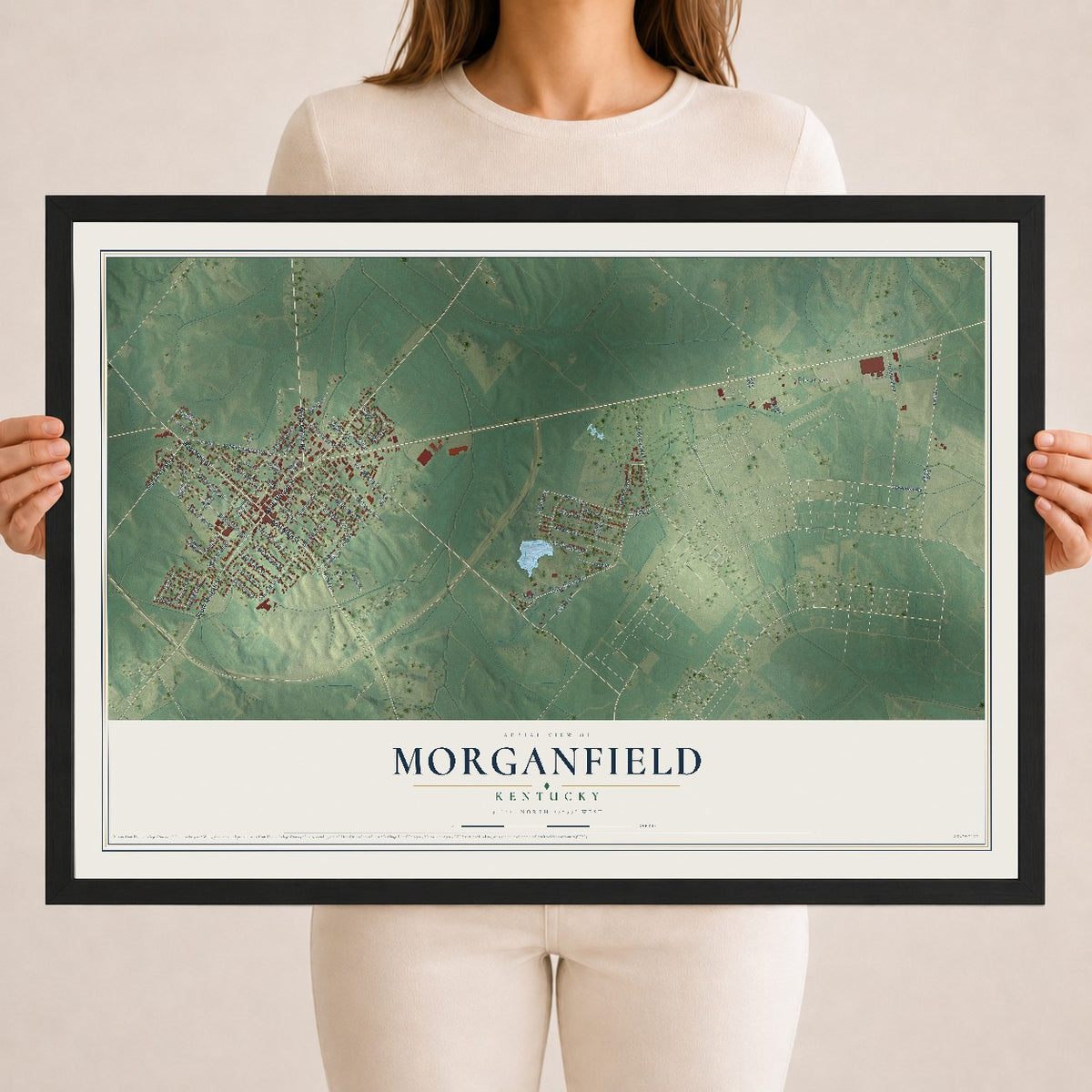 Map of Morganfield, Kentucky, 18 x 24 inch print in a black wood frame
