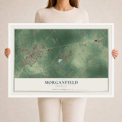 Map of Morganfield, Kentucky, 24 x 36 inch print in a white wood frame