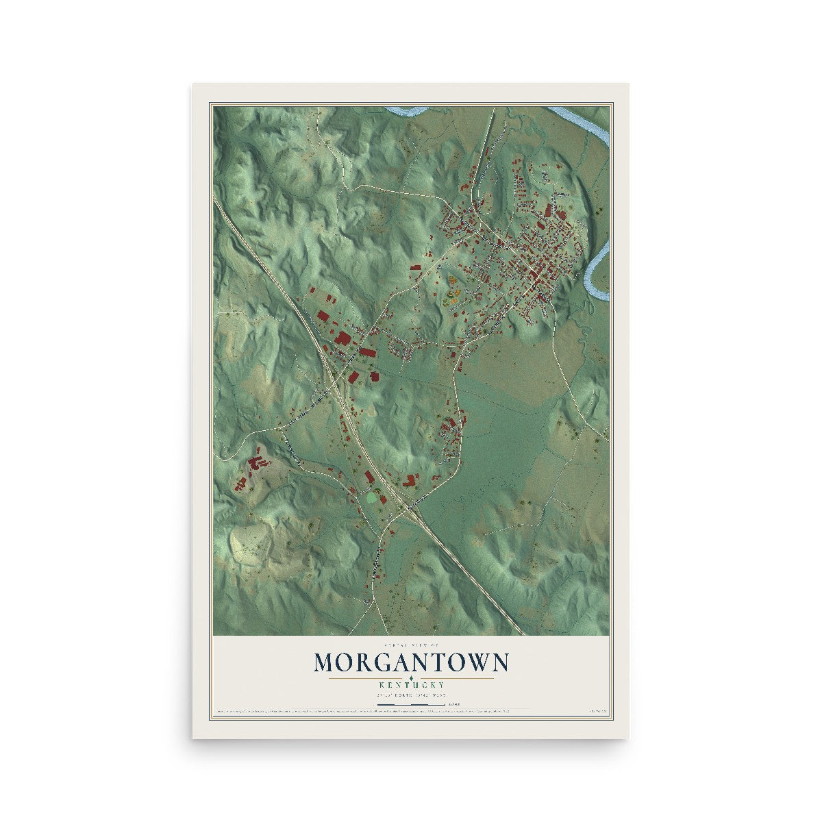 Map of Morgantown, Kentucky, 12 x 18 inch unframed archival matte print