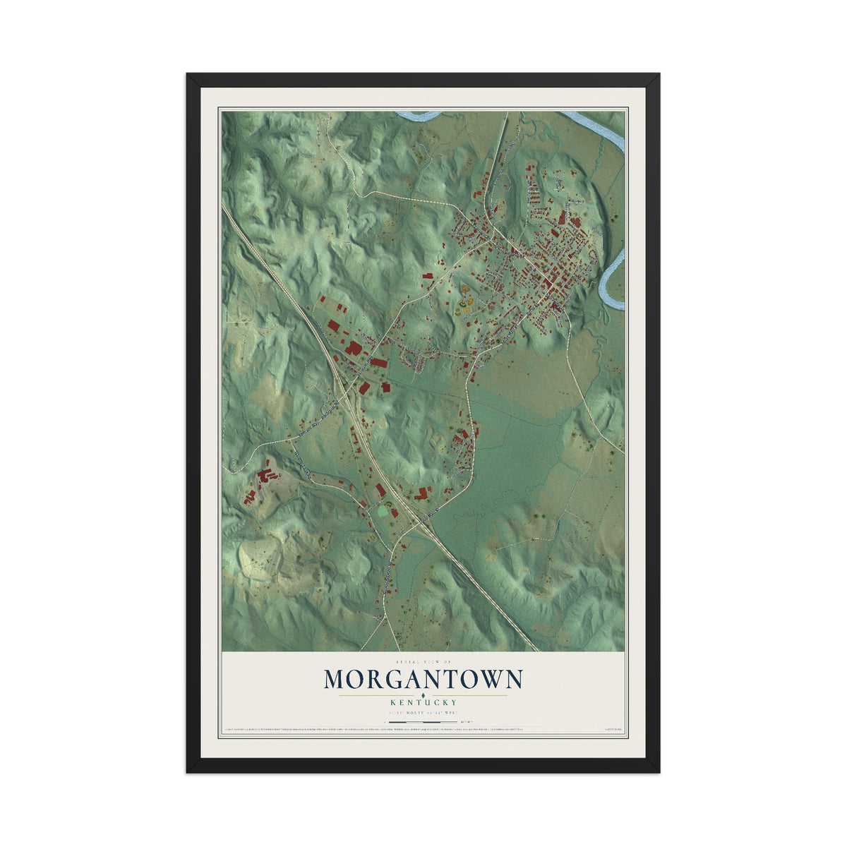 Map of Morgantown, Kentucky, 12 x 18 inch print in a black wood frame