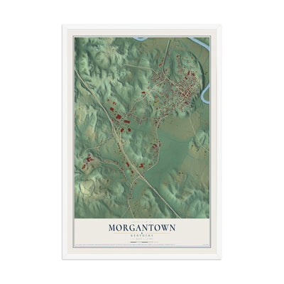 Map of Morgantown, Kentucky, 12 x 18 inch print in a white wood frame