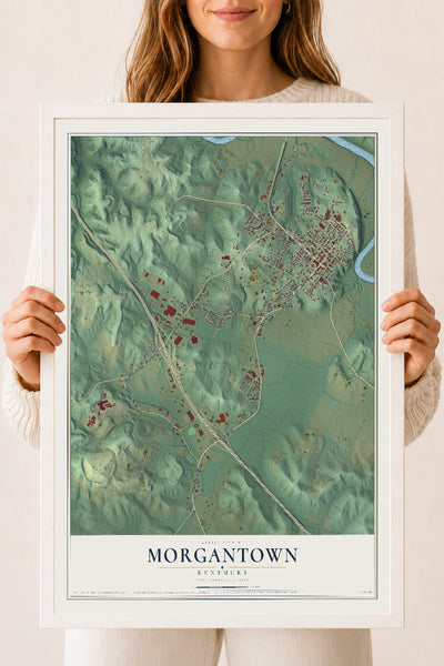 Map of Morgantown, Kentucky, 18 x 24 inch print in a white wood frame