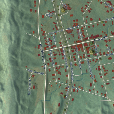 Close-up of the map of Mortons Gap, Kentucky print showing street and building detail