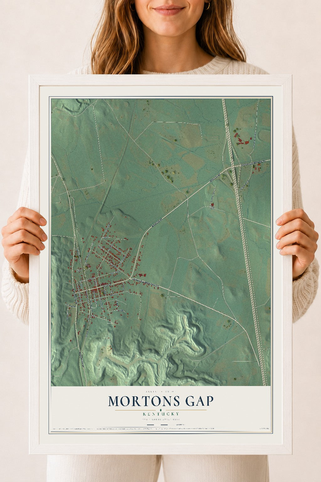Map of Mortons Gap, Kentucky, 18 x 24 inch print in a white wood frame