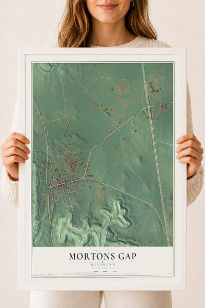 Map of Mortons Gap, Kentucky, 18 x 24 inch print in a white wood frame