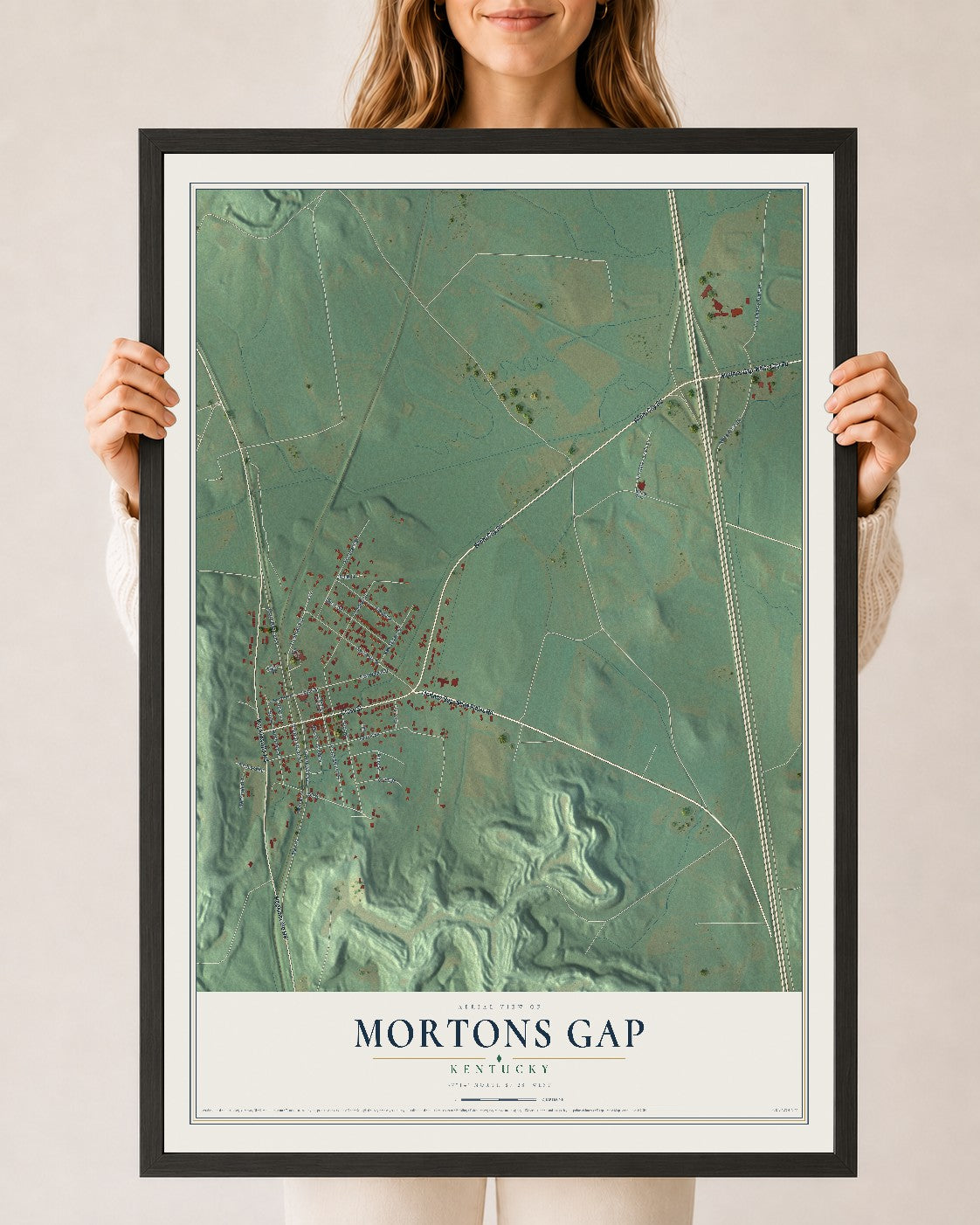 Map of Mortons Gap, Kentucky, 24 x 36 inch print in a black wood frame