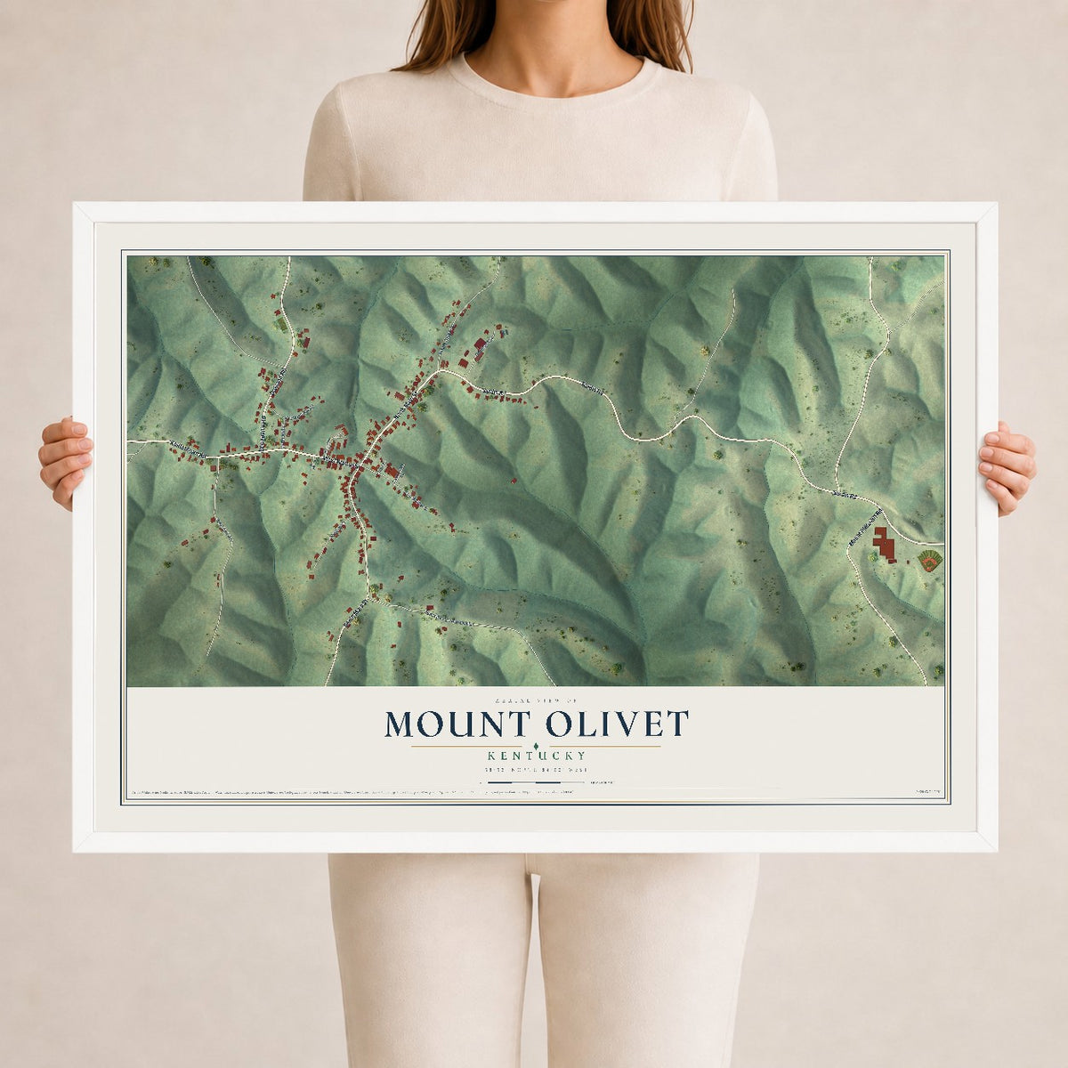 Map of Mount Olivet, Kentucky, 24 x 36 inch print in a white wood frame